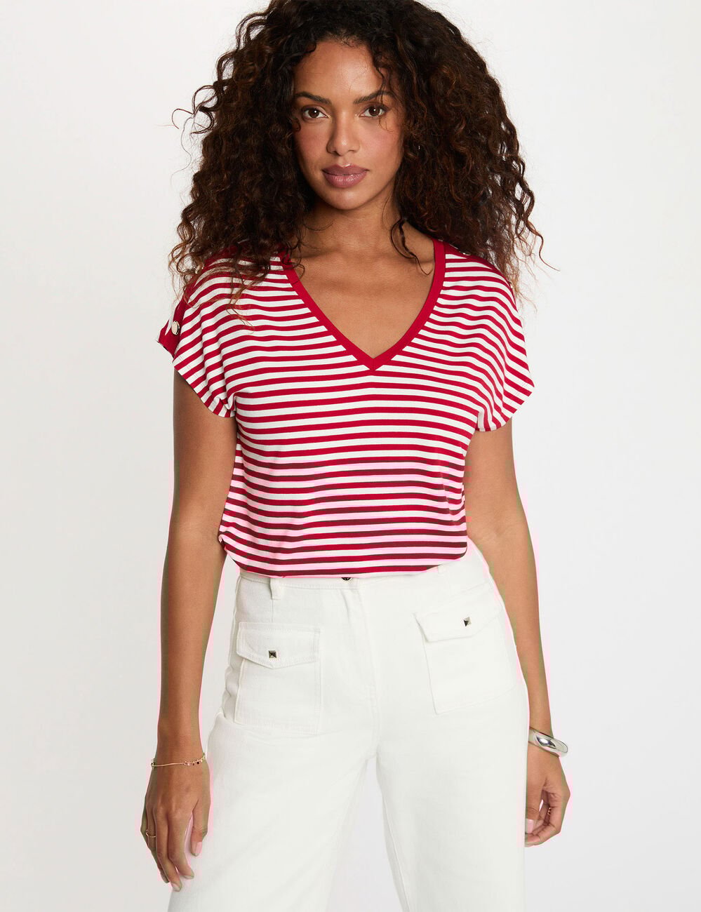 Gestreept V-hals T-shirt helder wit vrouw