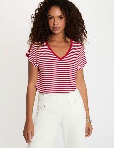 Gestreept V-hals T-shirt helder wit vrouw