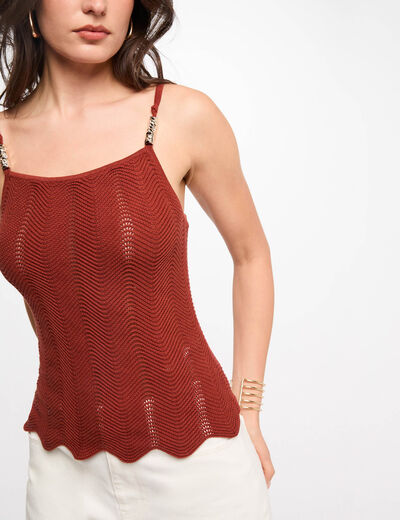 Gebreide top met fijne bandjes cognacbruin vrouw