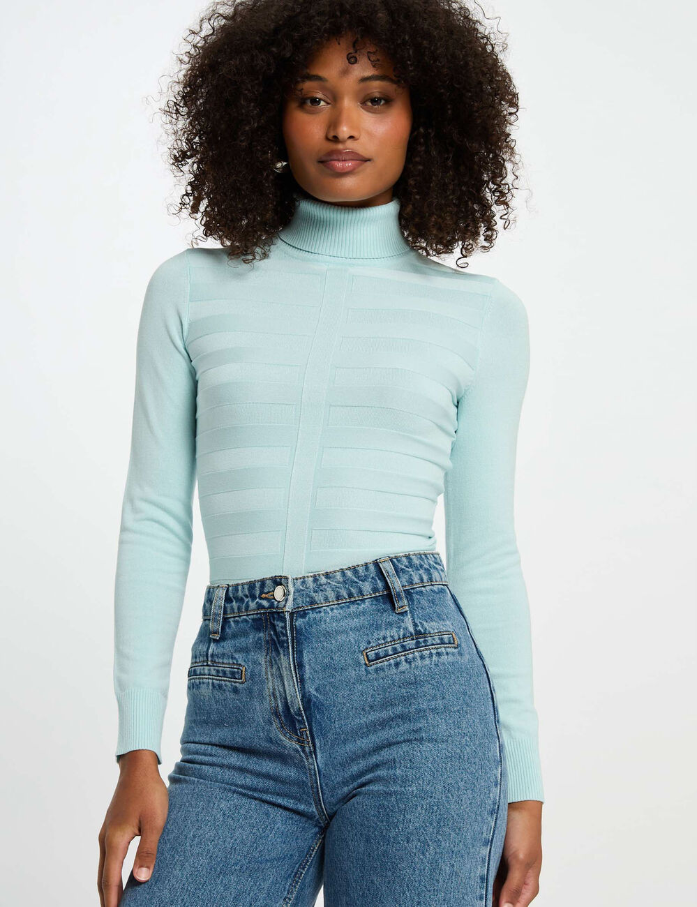 Pull col roulé bleu ciel femme