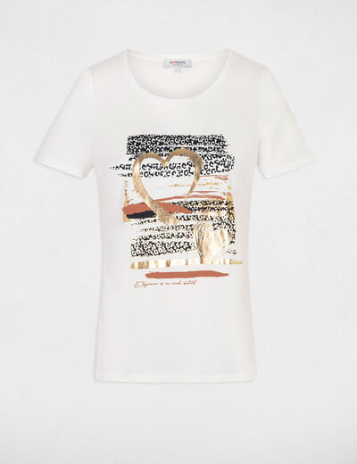 T-shirt met opschrift en -print ecru vrouw