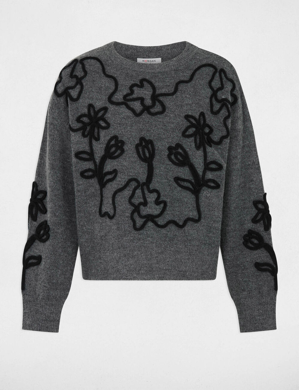 Pull col rond fantaisie gris fonc&eacute; femme