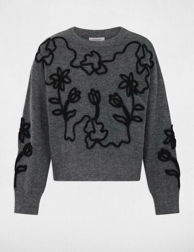 Pull col rond fantaisie gris fonc&eacute; femme