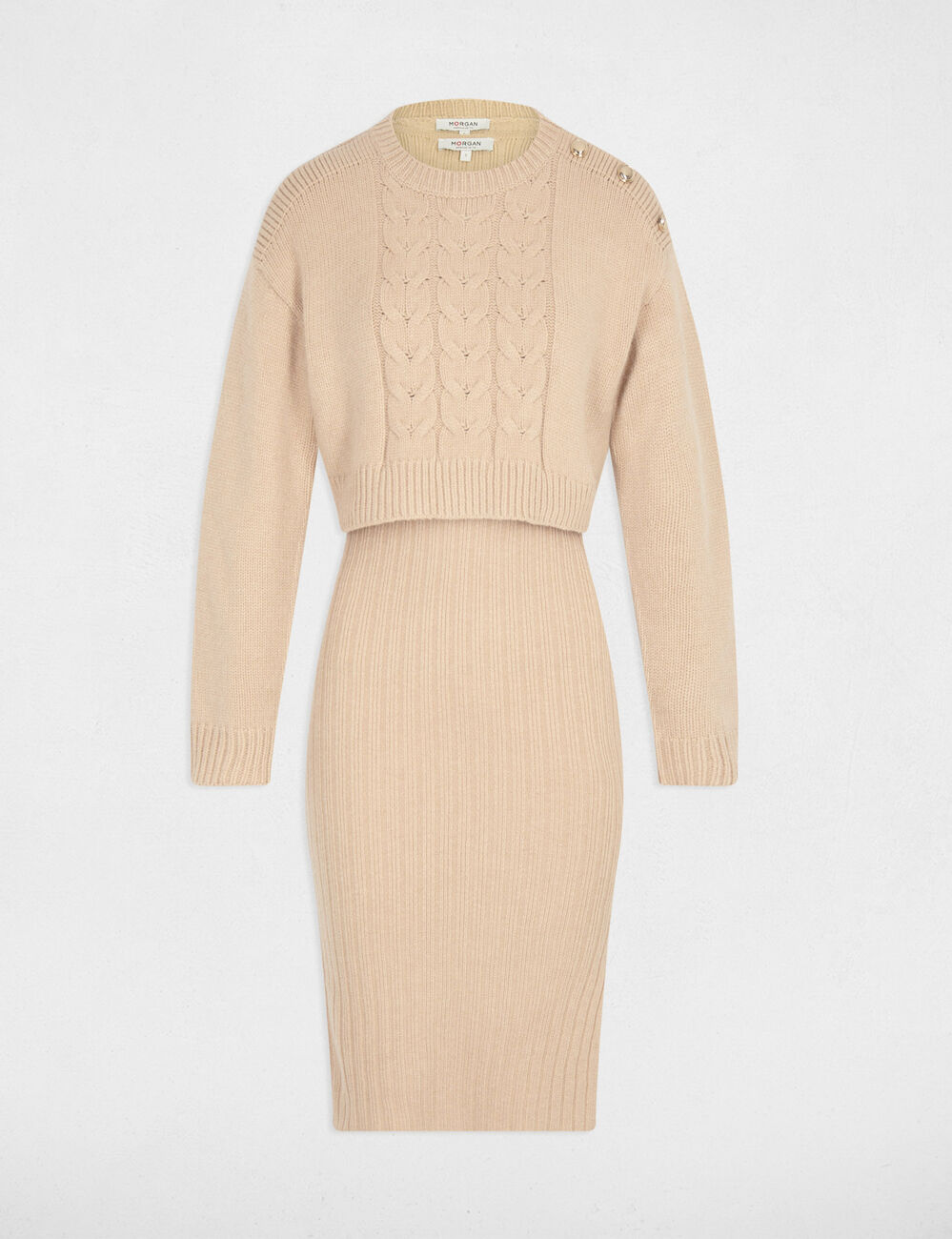 Robe tricot ajustée 2-en-1 beige femme
