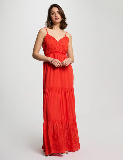 Robe longue fluide broderie orange femme