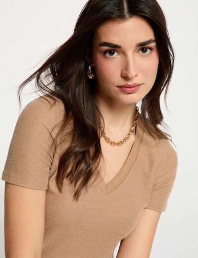 Getailleerd V-hals T-shirt beige vrouw