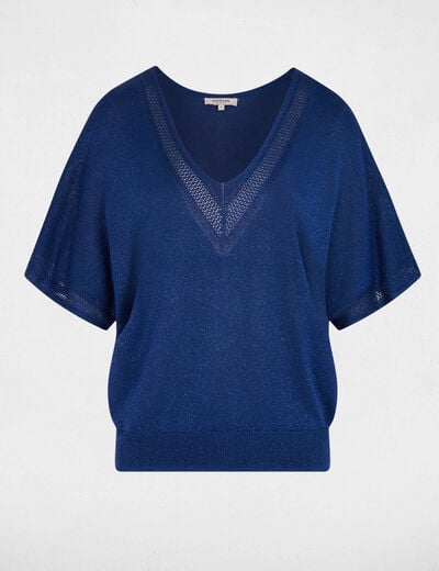 Trui V-hals en korte mouwen marineblauw vrouw