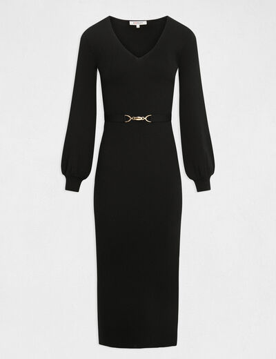 Robe tricot longue ajust&eacute;e &agrave; ornement noir femme