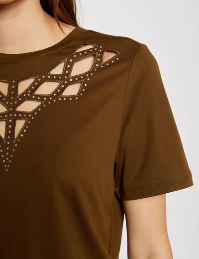 T-shirt met korte mouwen en strassstenen brons vrouw