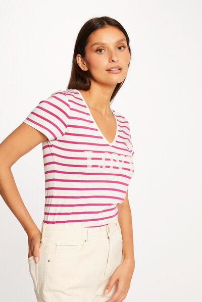 Gestreept T-shirt met korte mouwen framboos vrouw