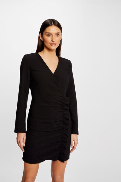 Robe ajustée drapée à volants noir femme