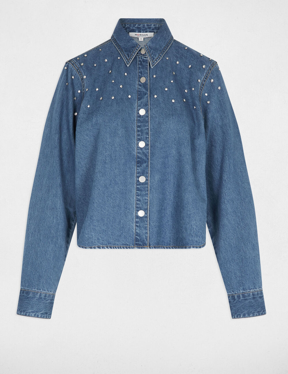Korte blouse met steentjes stone washed denim vrouw