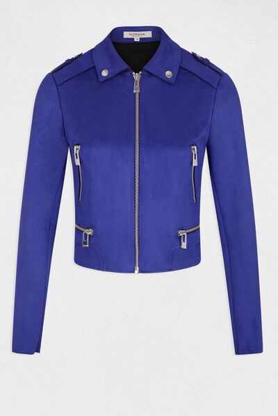 Suede-achtige rechte jas blauw medium vrouw