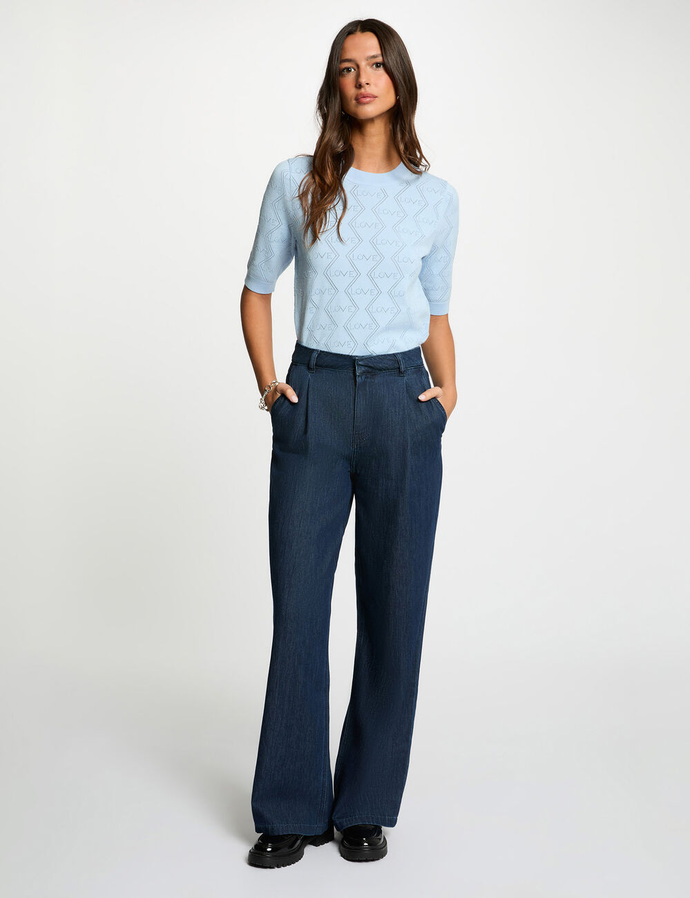 Pull ajour&eacute; manches 3/4 bleu ciel femme