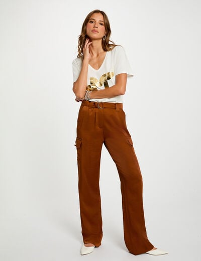 Pantalon droit fluide marron cognac femme