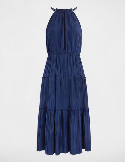Rechte midi-jurk met satijnen effect bleu pétrole vrouw