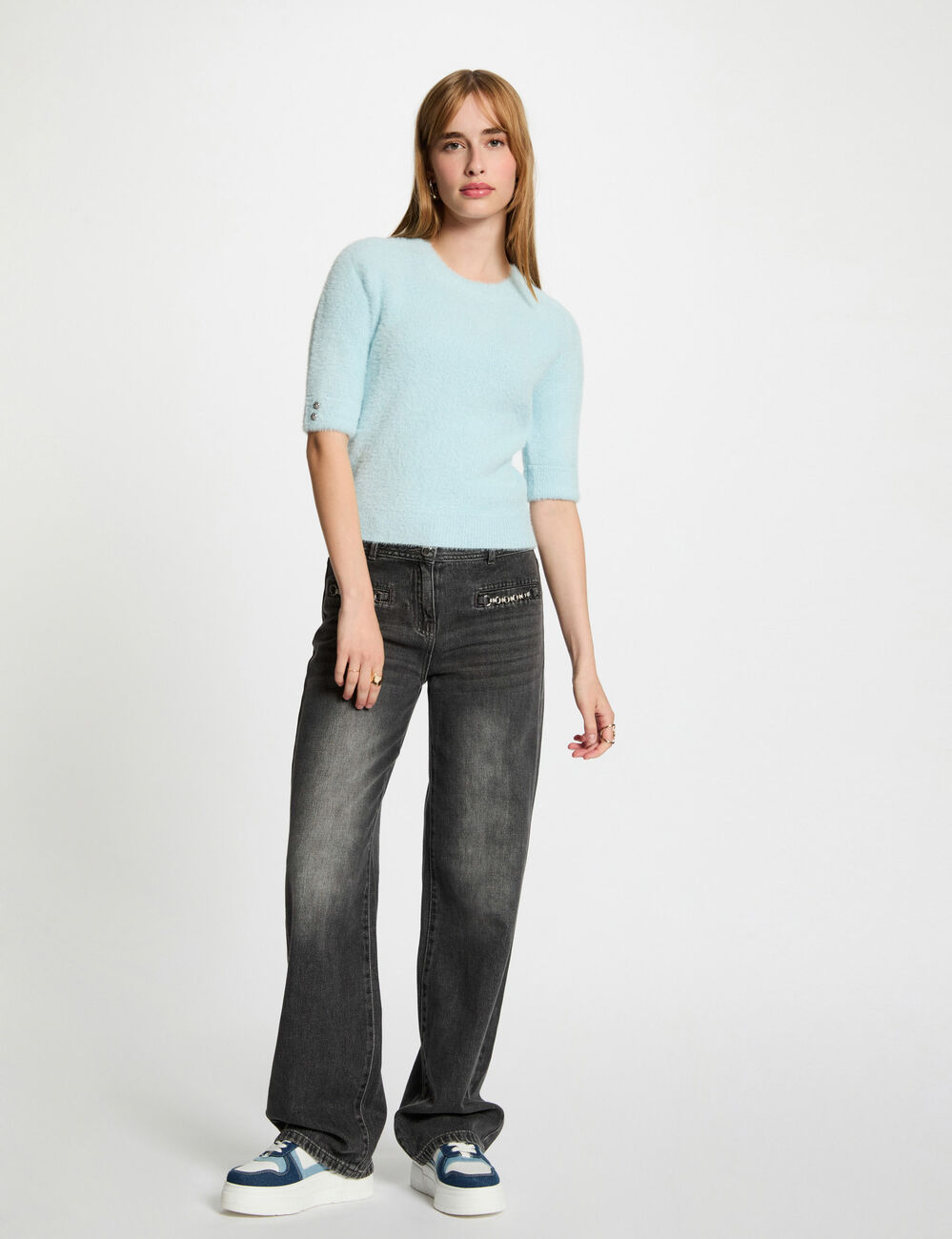 Pull manches courtes bleu ciel femme