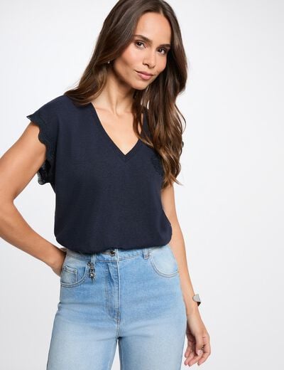 T-shirt met V-hals korte mouwen marineblauw vrouw