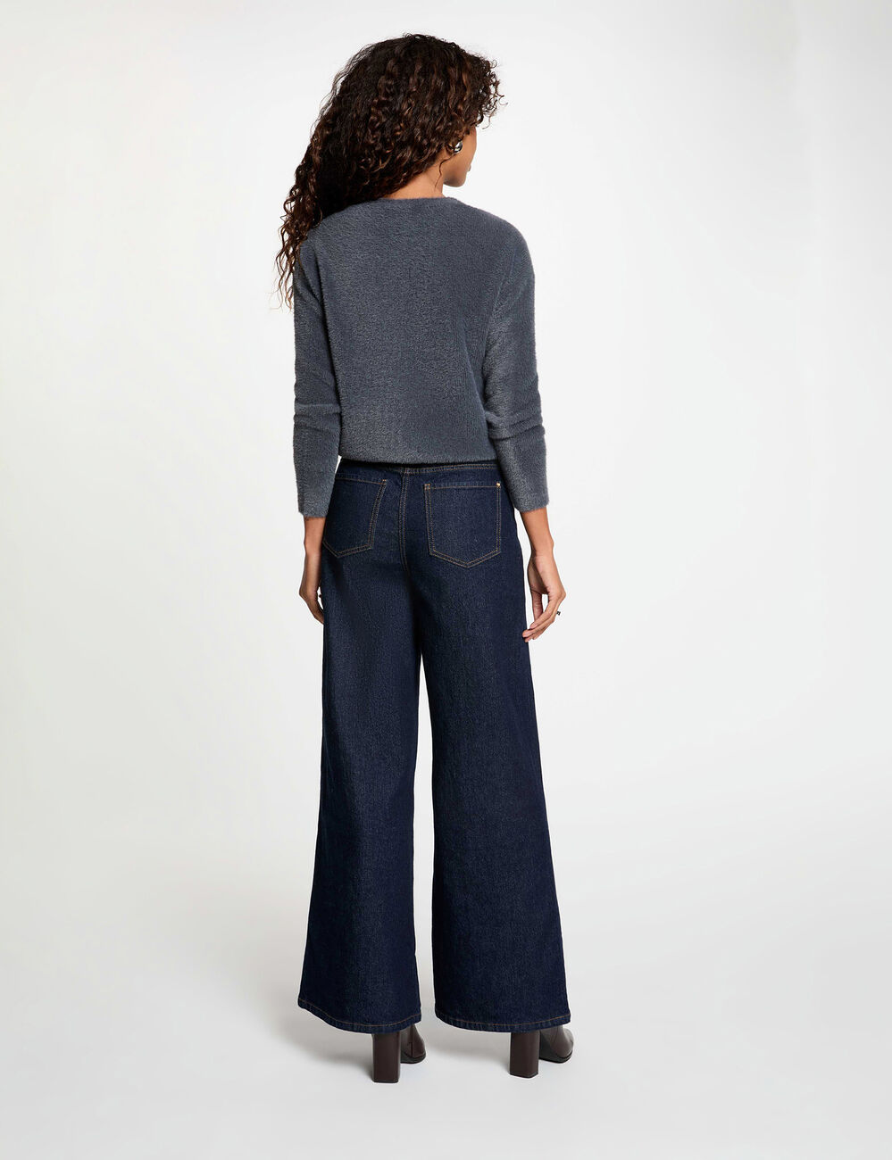 Pull col rond &agrave; boutons denim gris fonce femme