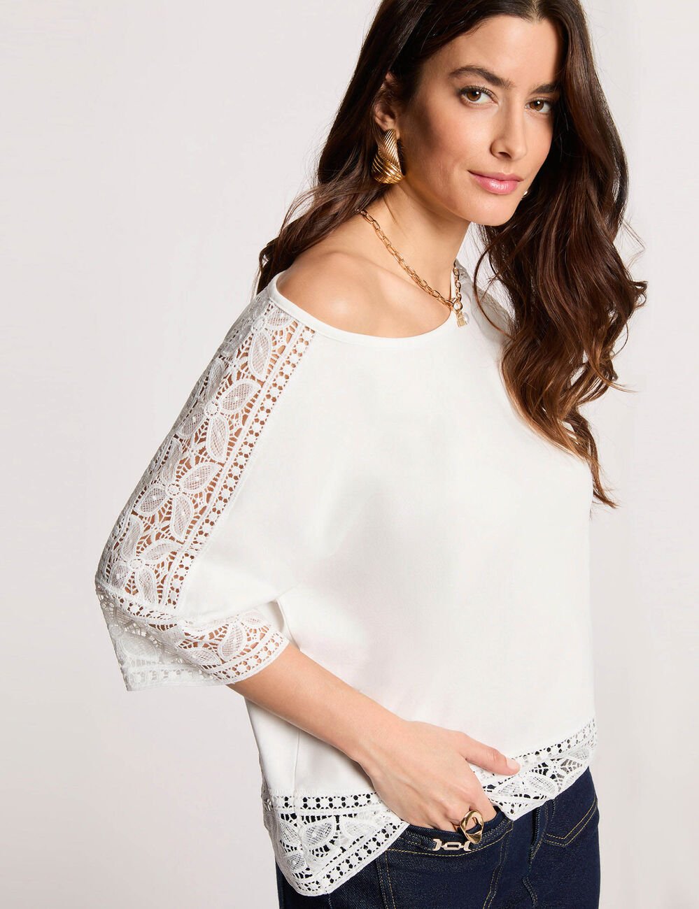 T-shirt dentelle col rond blanc femme
