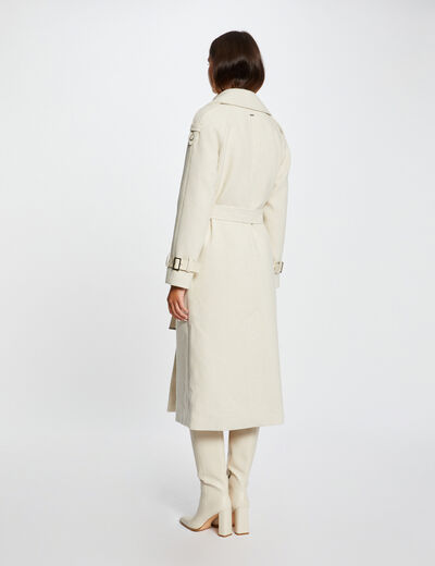 Manteau long cintré détails simili cuir ecru moyen femme