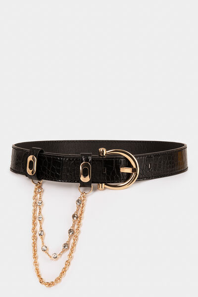 Ceinture aspect croco avec chaînes noir femme