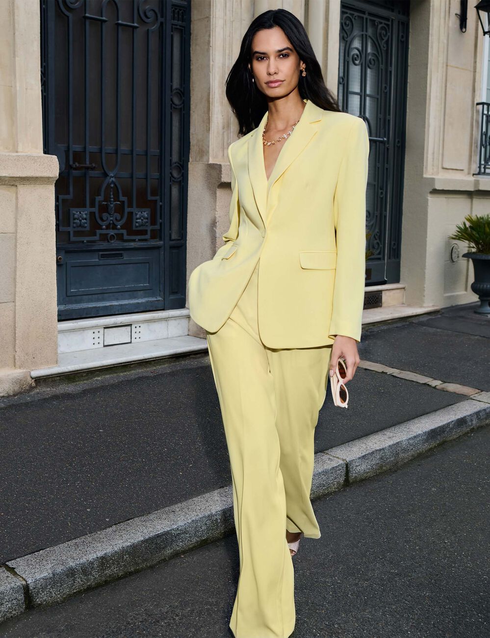 Pantalon large taille haute jaune clair femme