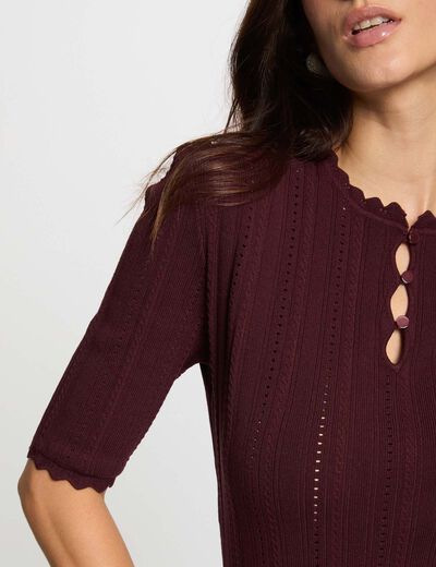 Pull ajouré manches 3/4 prune femme