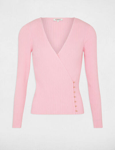 Pull manches longues col cache-coeur rose moyen femme