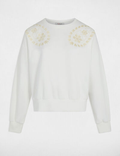 Pull maille brod&eacute;e blanc femme