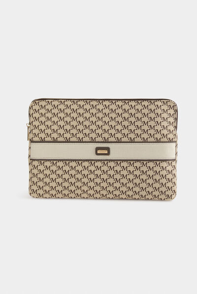 Pochette ordinateur imprimé monogramme beige femme