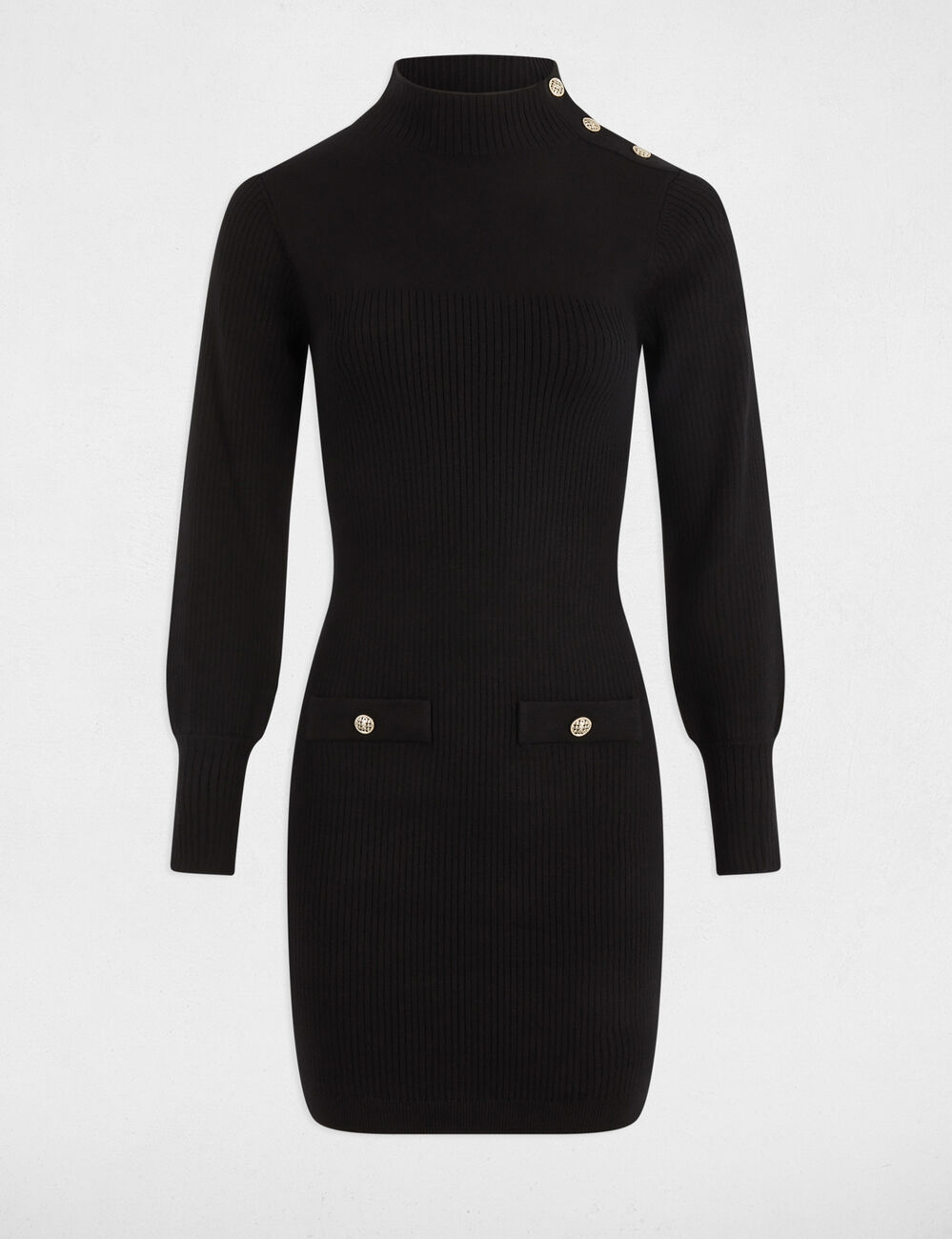 Korte gebreide jurk met col. zwart vrouw