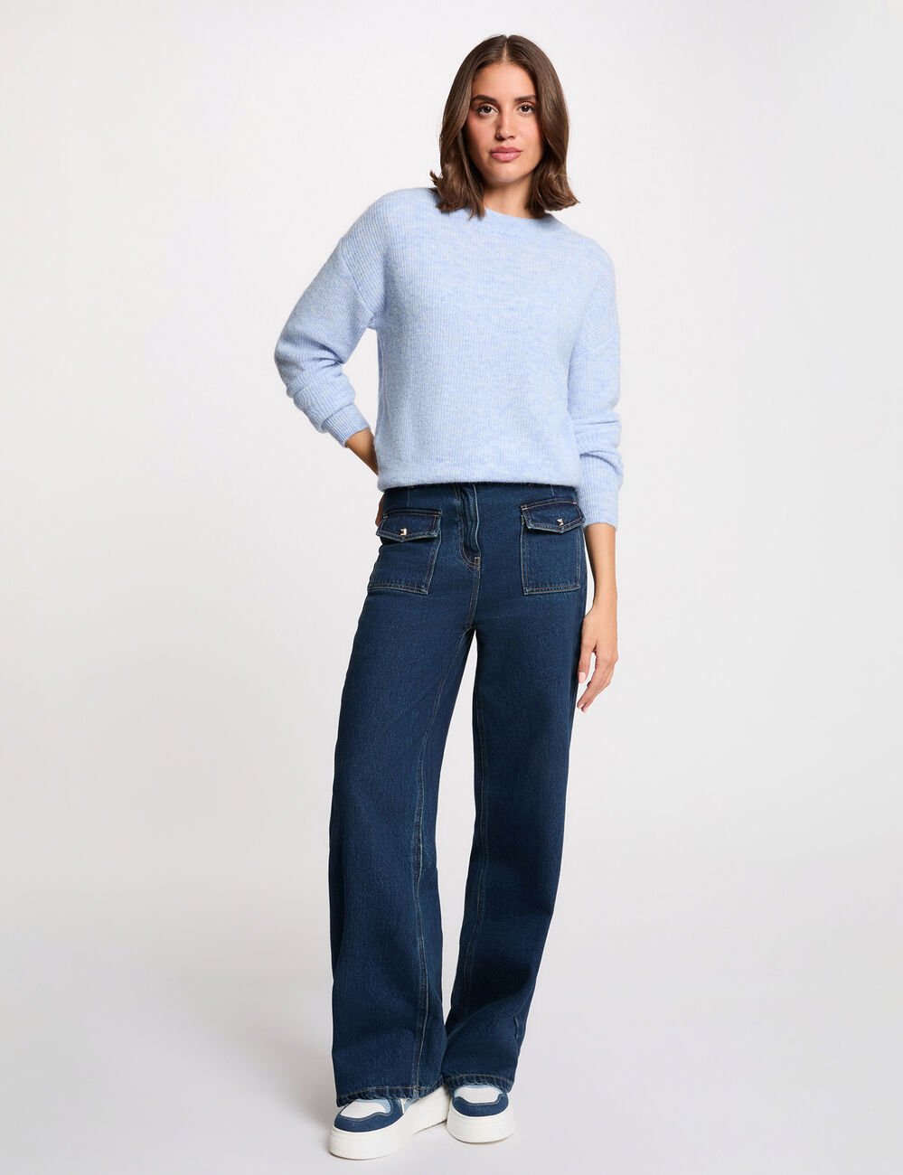 Trui met ronde hals en lange mouwen hemelsblauw vrouw