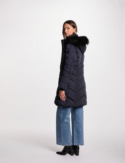 Lange donsjas met capuchon marineblauw vrouw