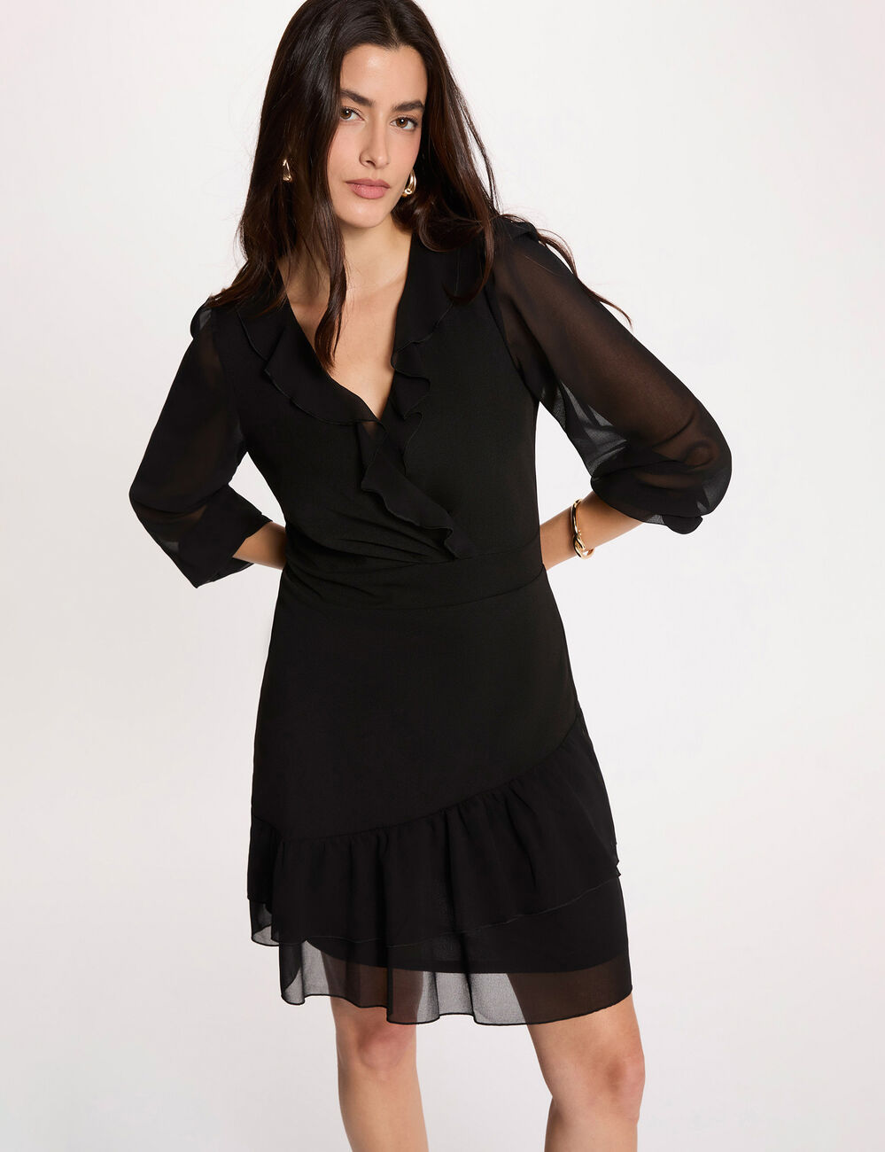 Jurk van voile met V-hals zwart vrouw