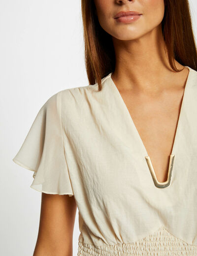 T-shirt manches courtes smocké ecru moyen femme