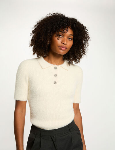 Pull court col à revers ivoire femme