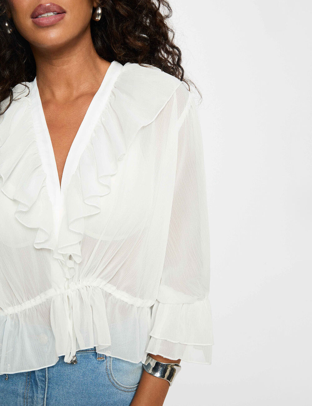 Blouse van voile met V-hals helder wit vrouw