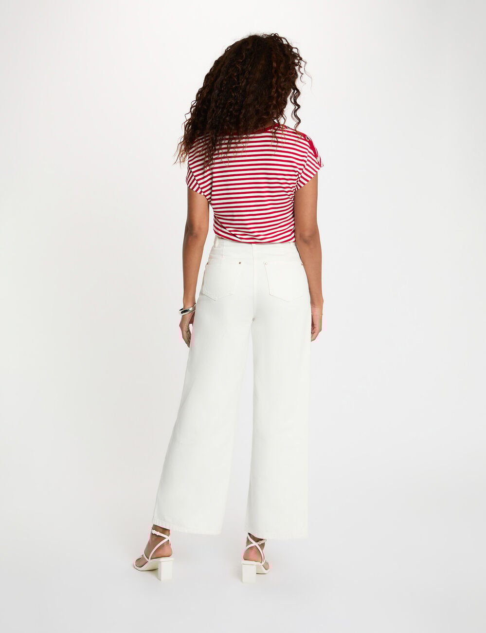 Gestreept V-hals T-shirt helder wit vrouw