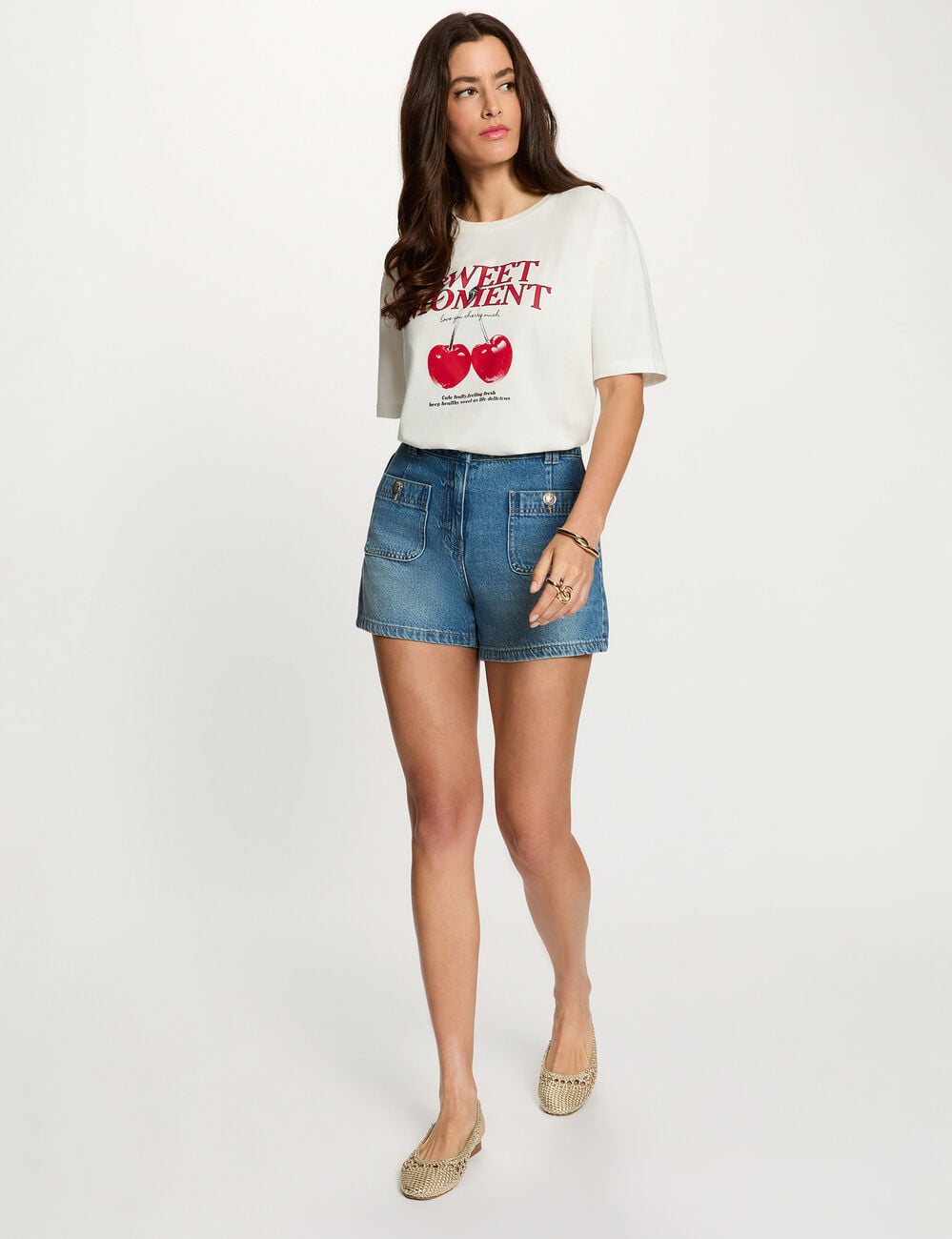 T-shirt met ronde hals en print helder wit vrouw