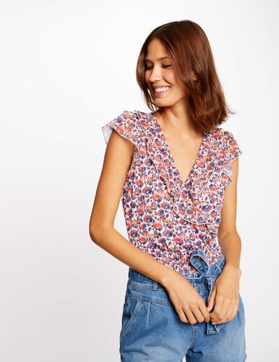 T-shirt korte mouwen en bloemenmotief roze vrouw