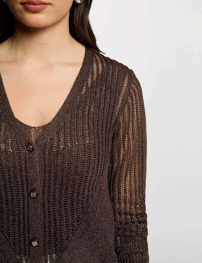 Opengewerkte vest lange mouwen donker bruin vrouw