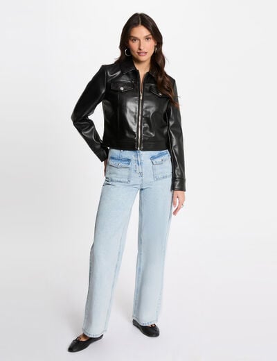 Blouson court simili cuir noir femme