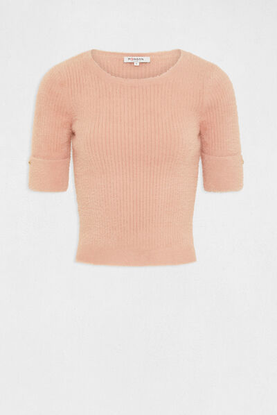 Pull manches courtes côtelé vieux rose femme