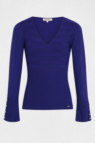 Trui met lange mouwen en V-hals blauw medium vrouw
