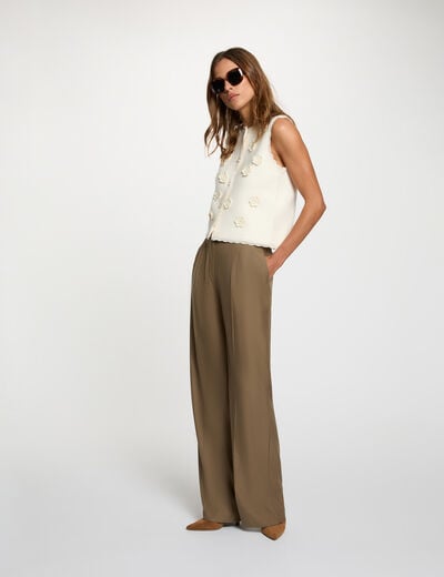 Pantalon large &agrave; plis vert kaki femme