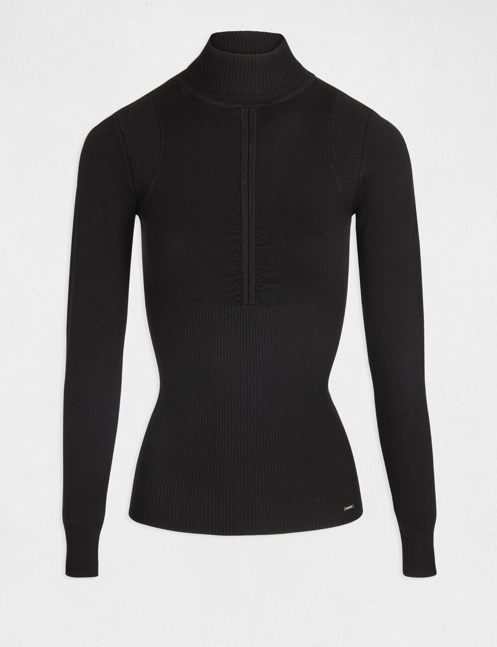 Pull manches longues d&eacute;tail pliss&eacute; noir femme