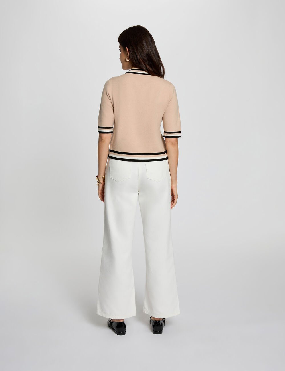 Gestreepte trui met korte mouwen beige vrouw