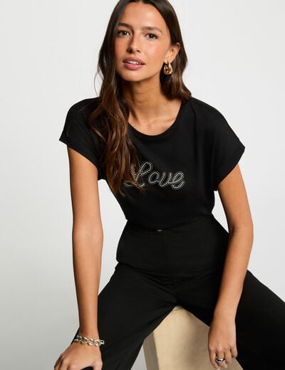 T-shirt col v strass noir femme