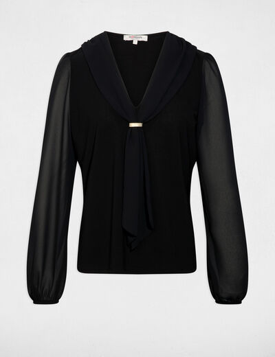 T-shirt voile col lavallière noir femme